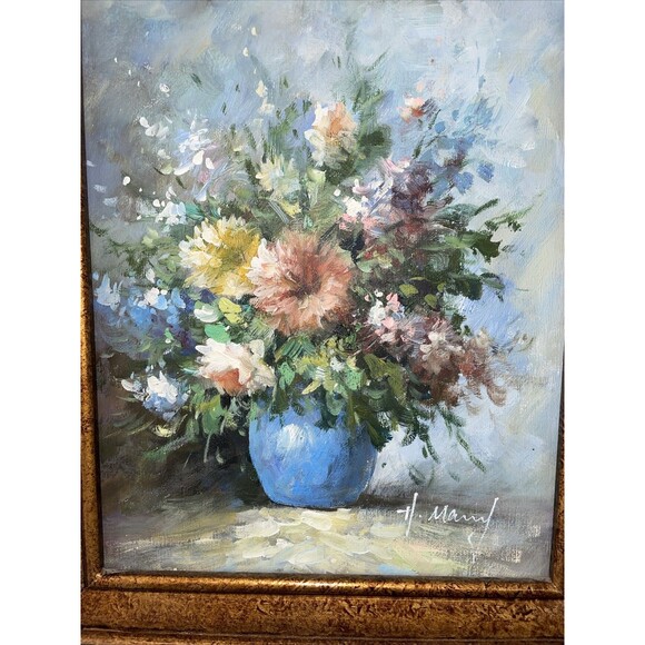VINTAGE Framed Floral Still Life Oil on Canvas Gold Frame Signed Art - 13"x 15" - Picture 8 of 9